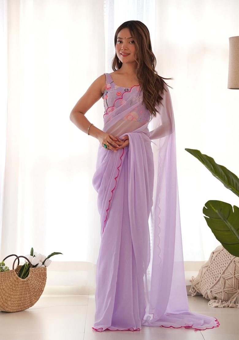 Lavender Embroidered Georgette Saree Set