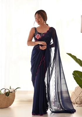 Navy Blue Embroidered Georgette Saree Set