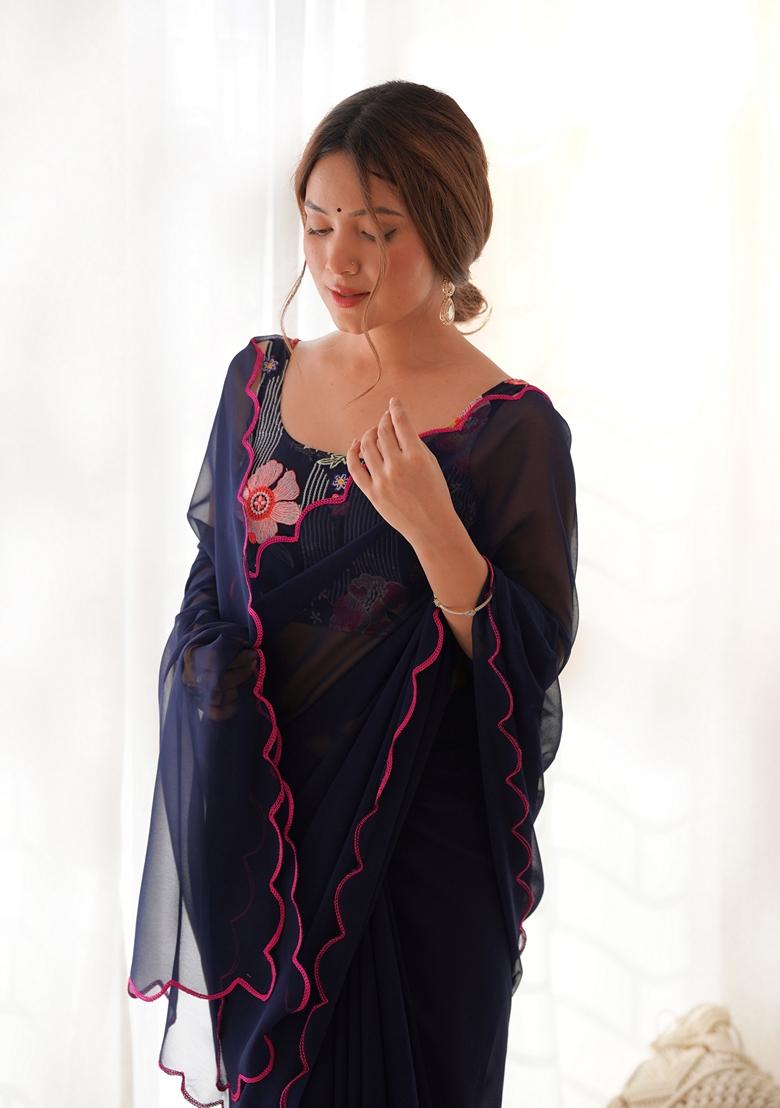 Navy Blue Embroidered Georgette Saree Set