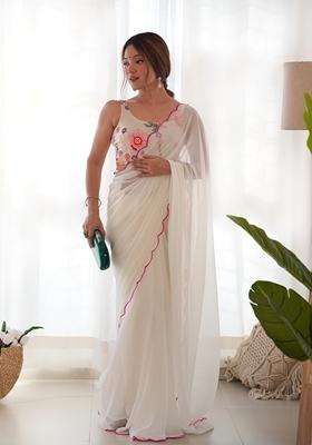 Off White Embroidered Georgette Saree Set