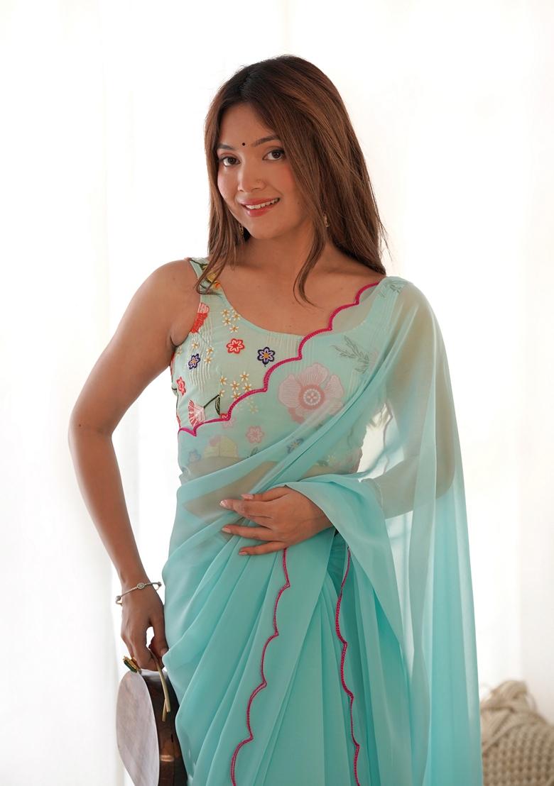Sky Blue Embroidered Georgette Saree Set