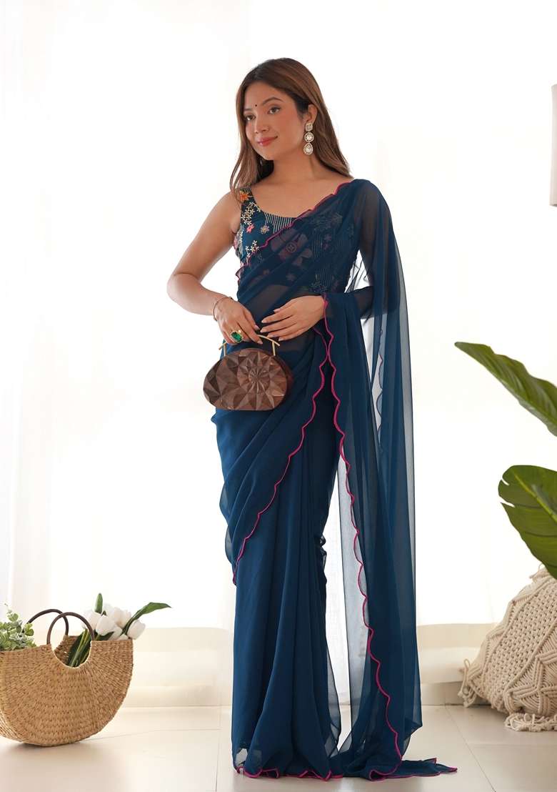Teal Embroidered Georgette Saree Set - Indya