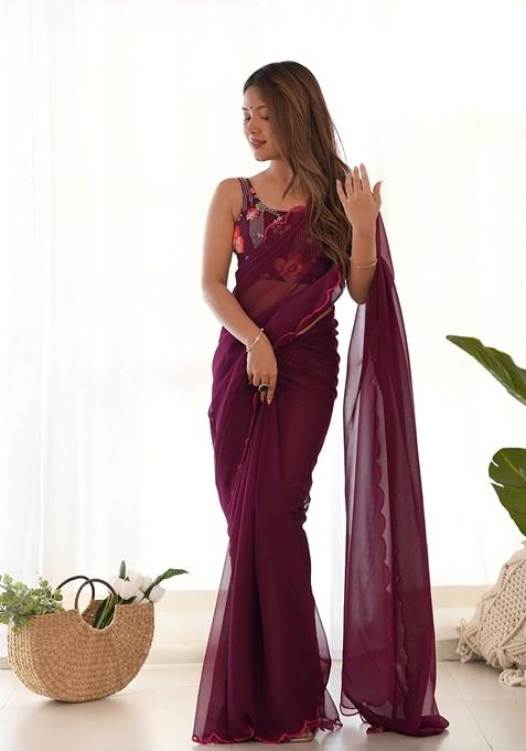 Wine Embroidered Georgette Saree Set
