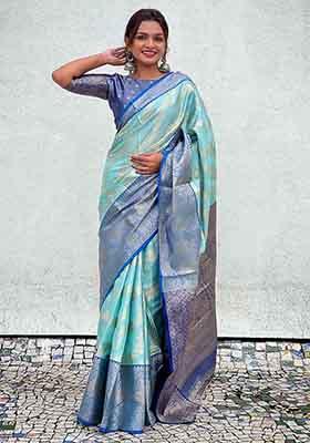 Sky Blue Woven Silk Saree Set
