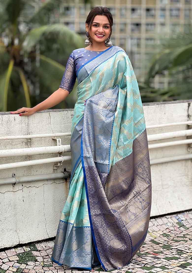 Sky Blue Woven Silk Saree Set