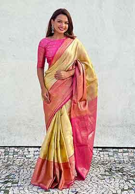 Mustard Yellow Woven Silk Saree Set