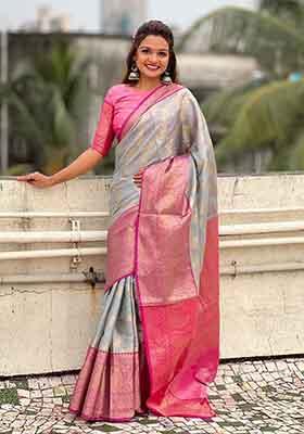 Grey Woven Silk Saree Set