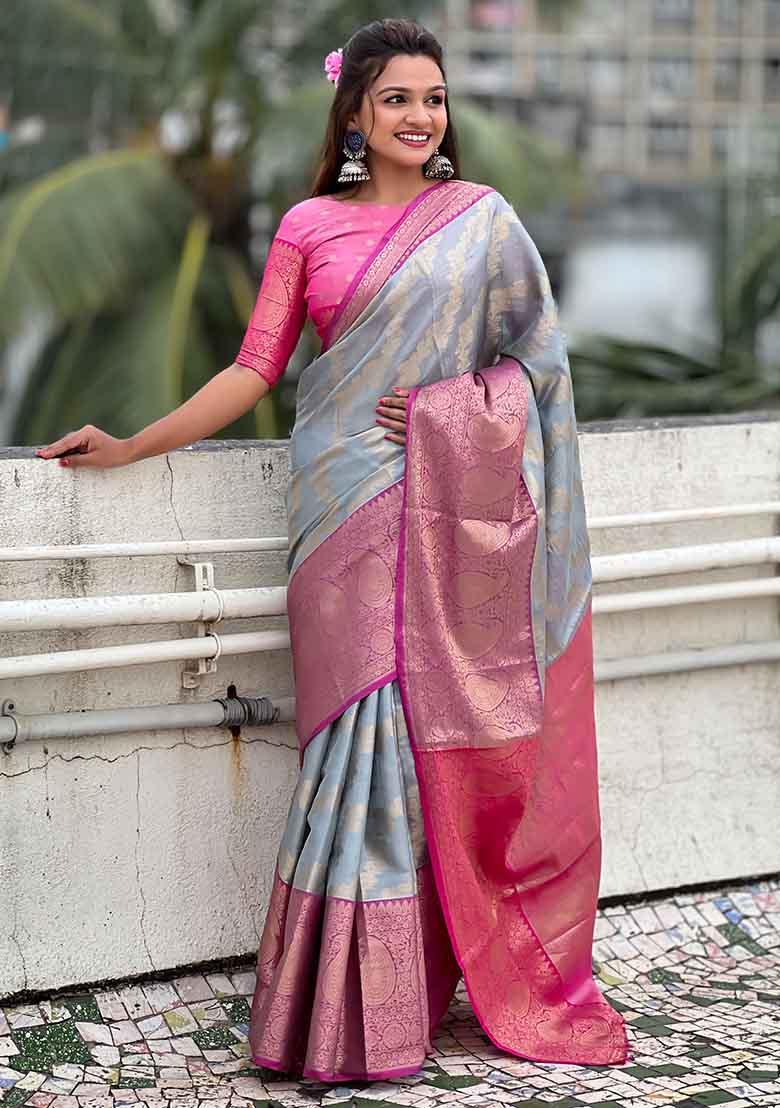 Grey Woven Silk Saree Set