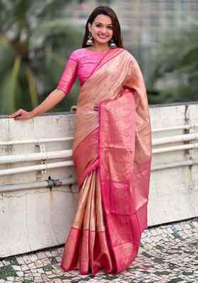 Peach Woven Silk Saree Set