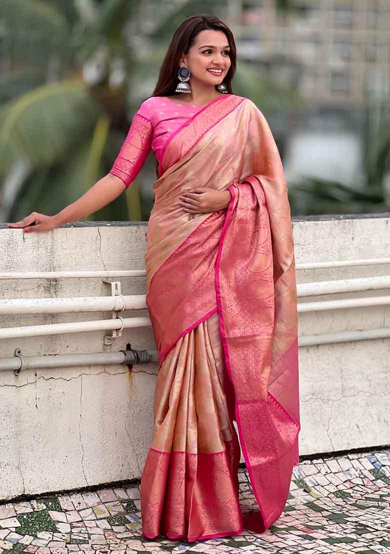 Peach Woven Silk Saree Set