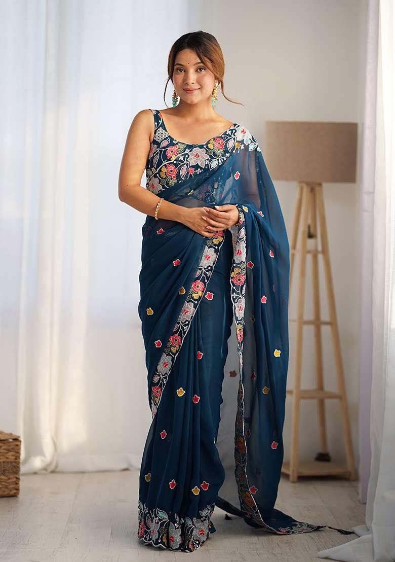 Teal Embroidered Georgette Saree Set - Indya