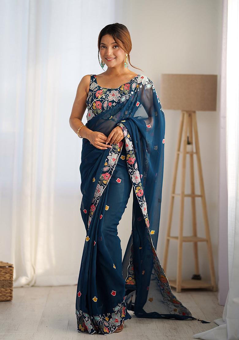 Teal Embroidered Georgette Saree Set