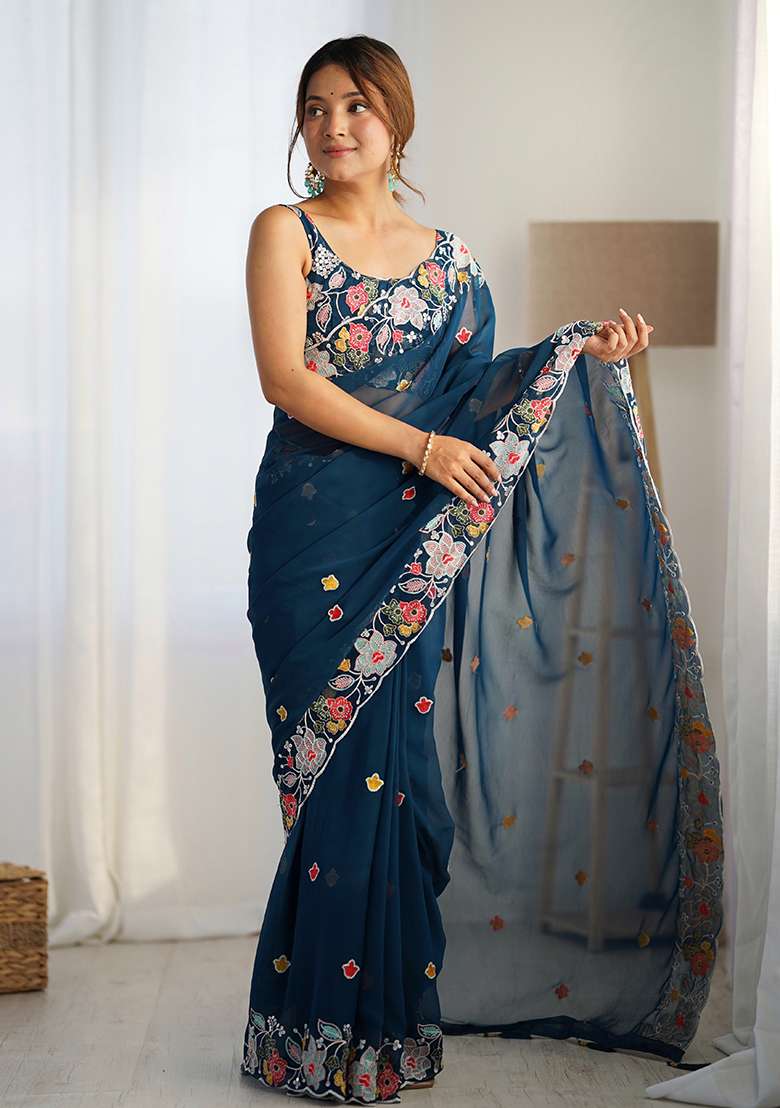 Teal Embroidered Georgette Saree Set - Indya