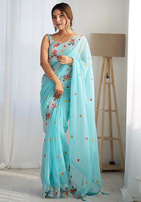 Sky Blue Embroidered Georgette Saree Set