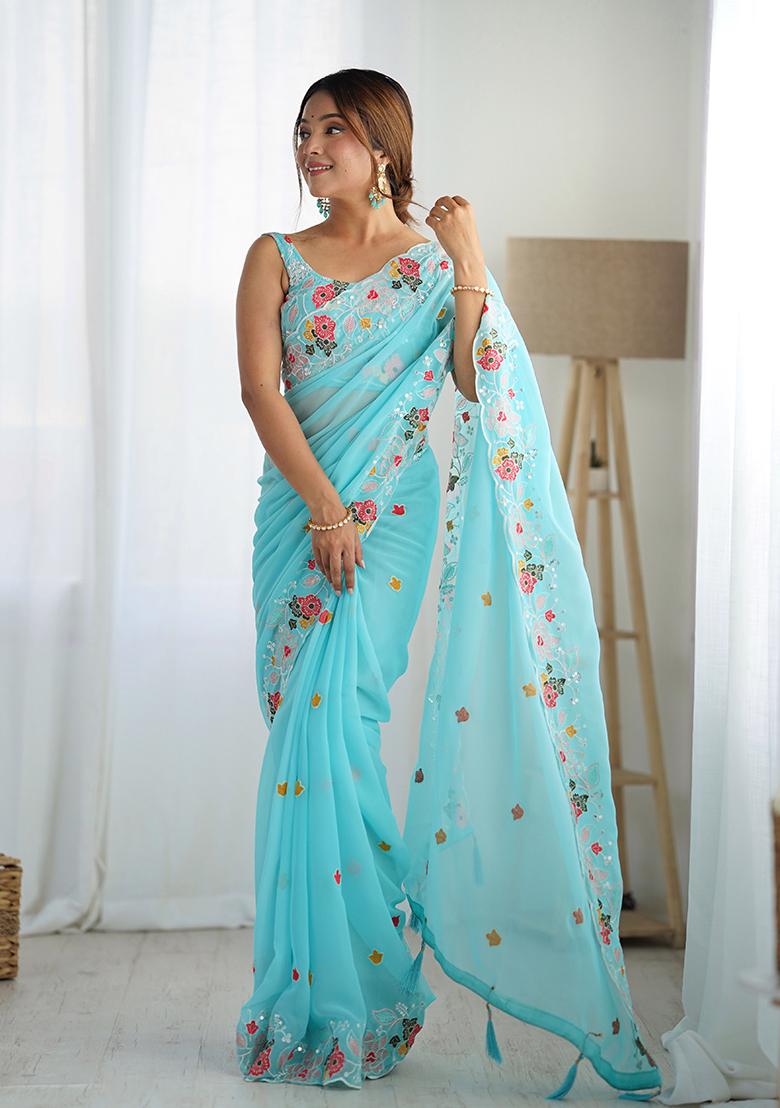 Sky Blue Embroidered Georgette Saree Set