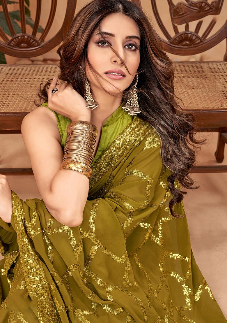 Green Embroidered Georgette Saree Set