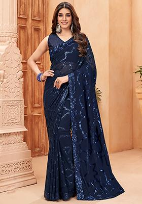 Blue Embroidered Georgette Saree Set