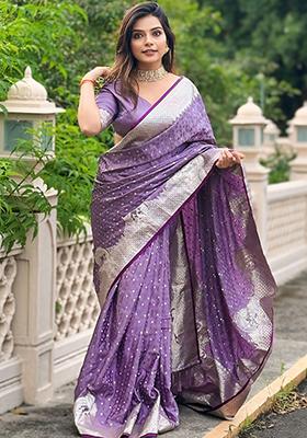 Purple Woven Silk Saree Set