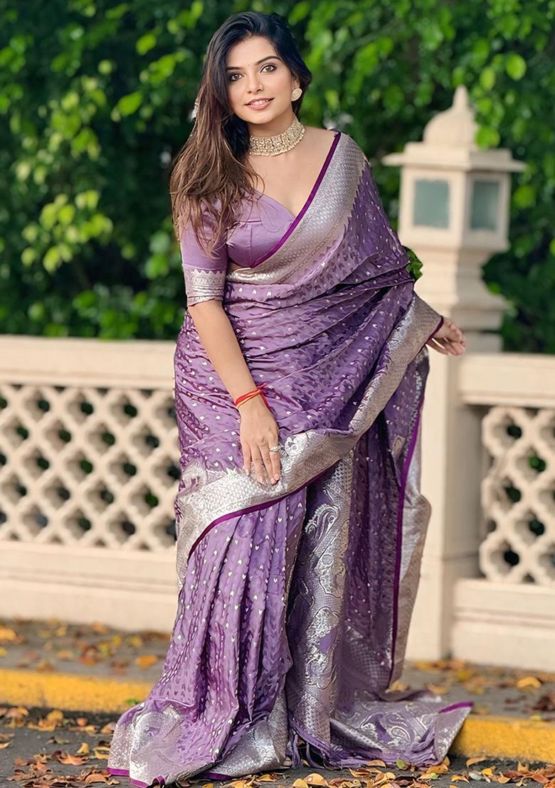 Purple Woven Silk Saree Set