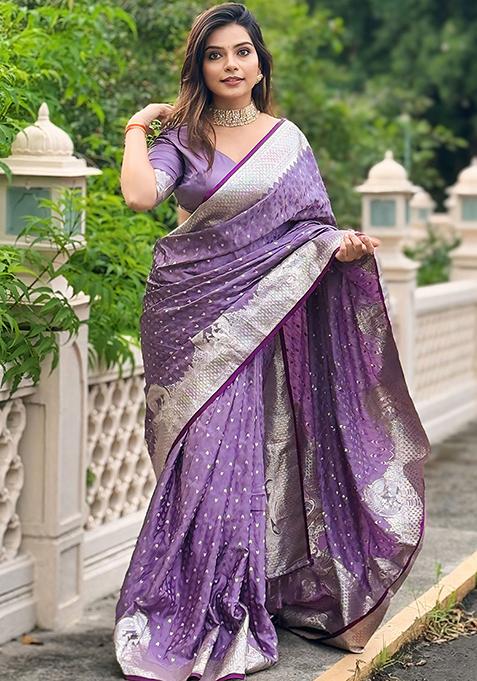 Purple Woven Silk Saree Set