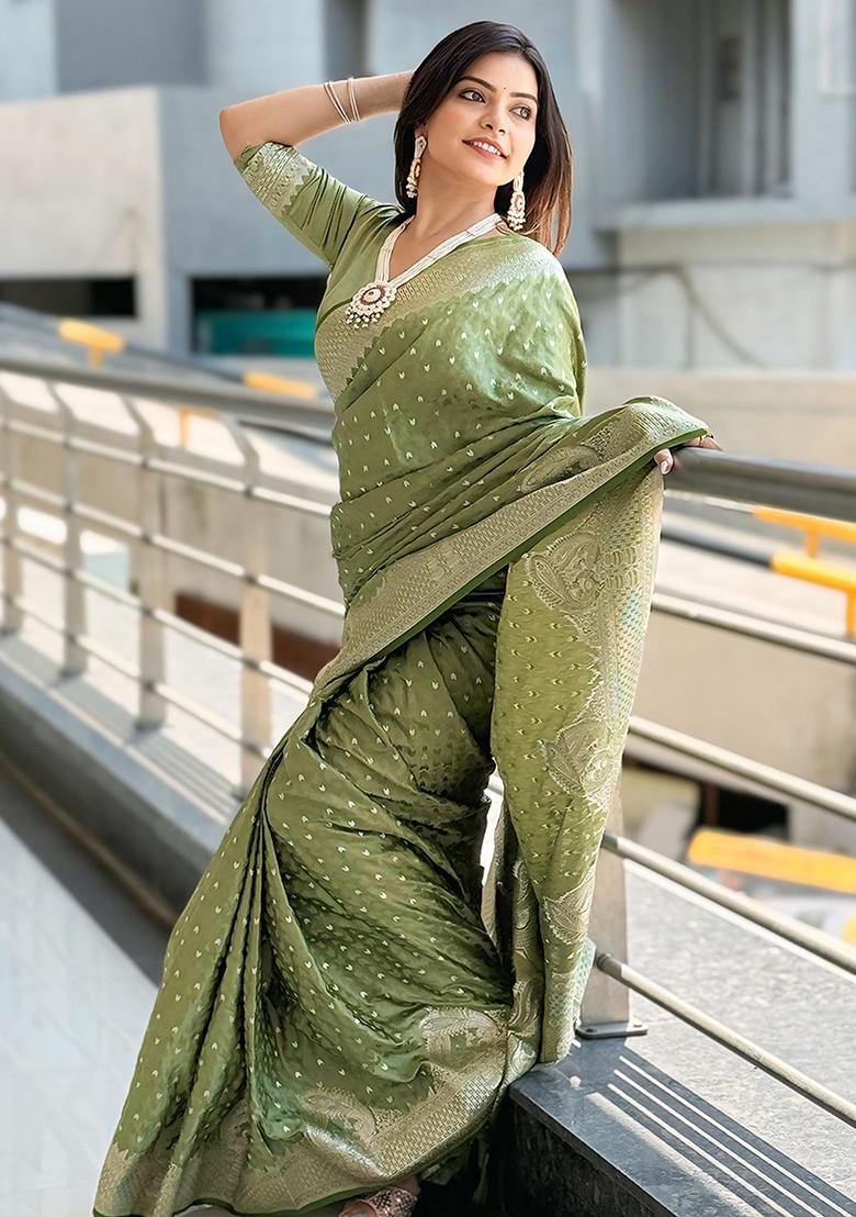 Green Woven Silk Saree Set