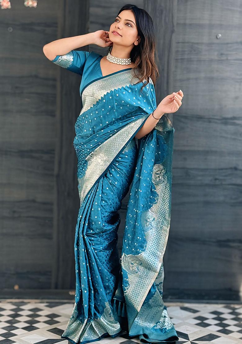Blue Woven Silk Saree Set