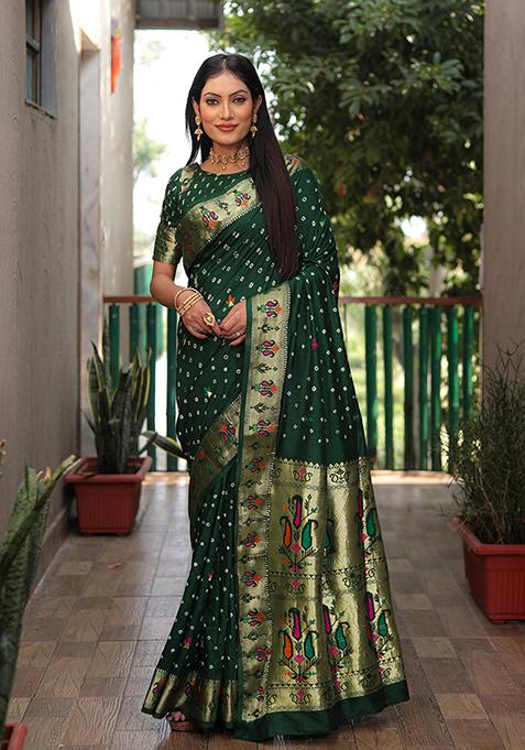 Green Woven Silk Saree Set
