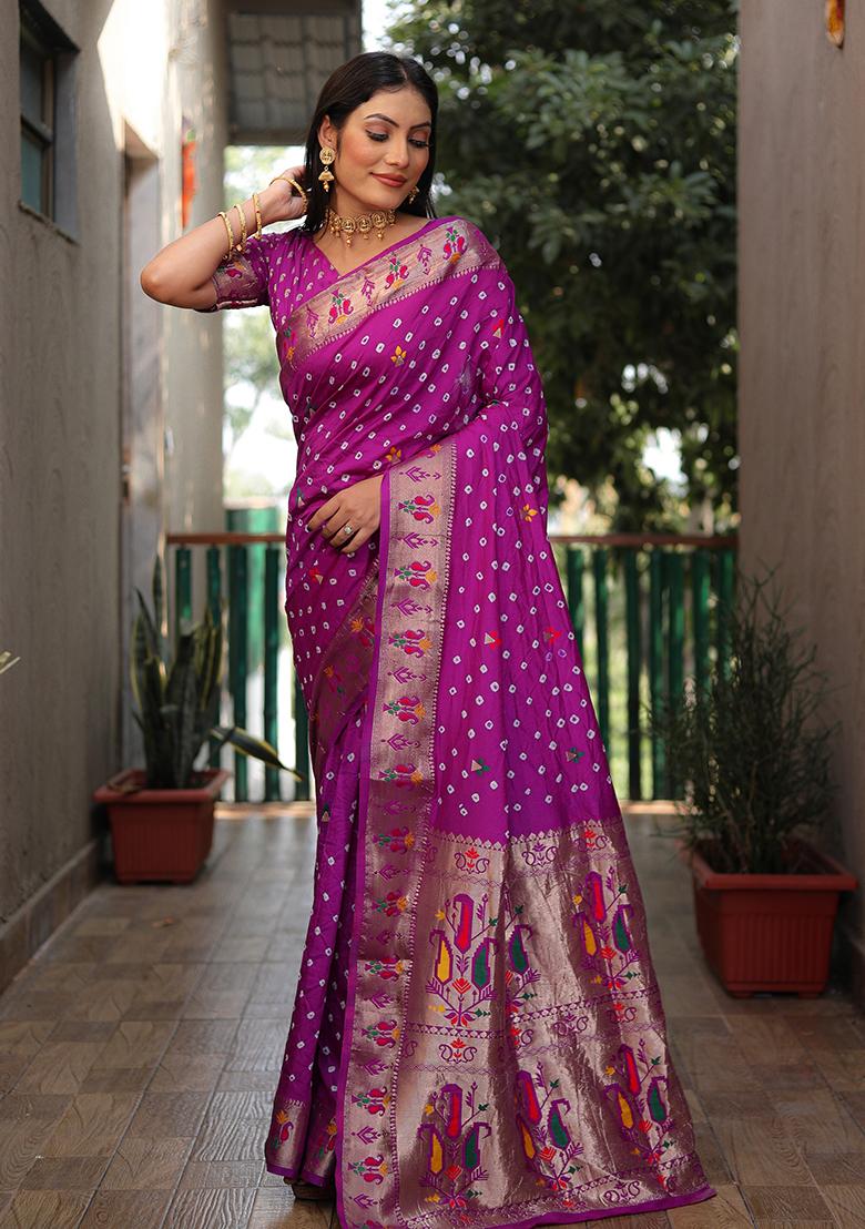 Purple Woven Silk Saree Set