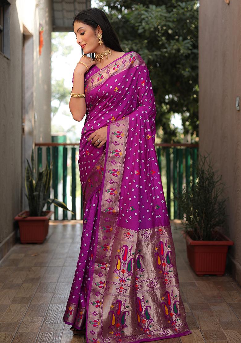 Purple Woven Silk Saree Set
