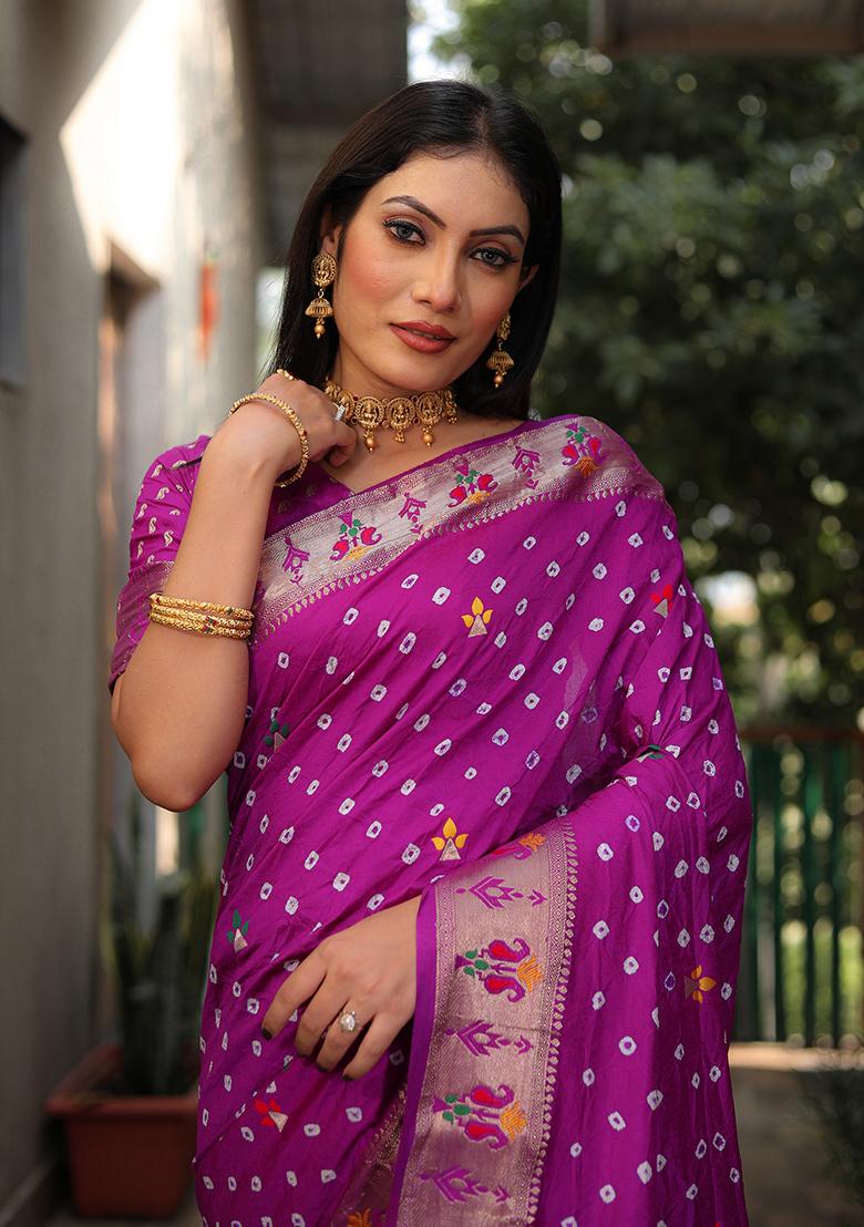 Purple Woven Silk Saree Set