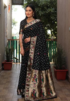 Black Woven Silk Saree Set