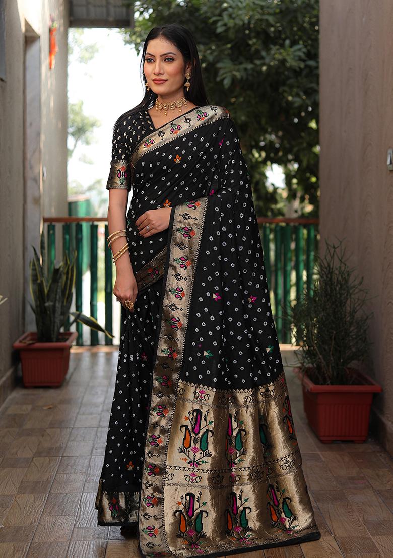 Black Woven Silk Saree Set
