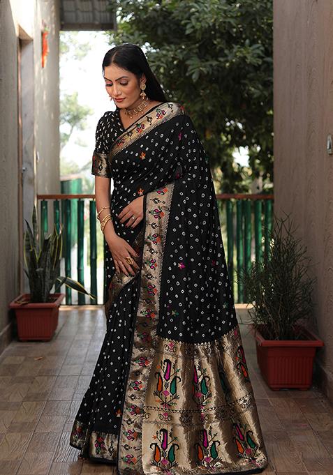 Black Woven Silk Saree Set