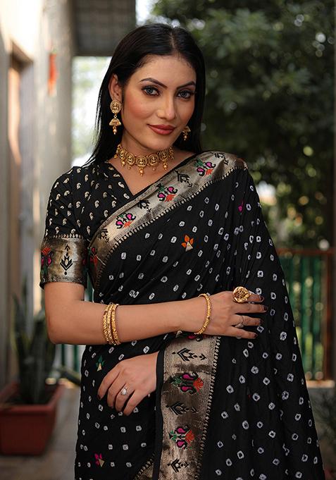 Black Woven Silk Saree Set
