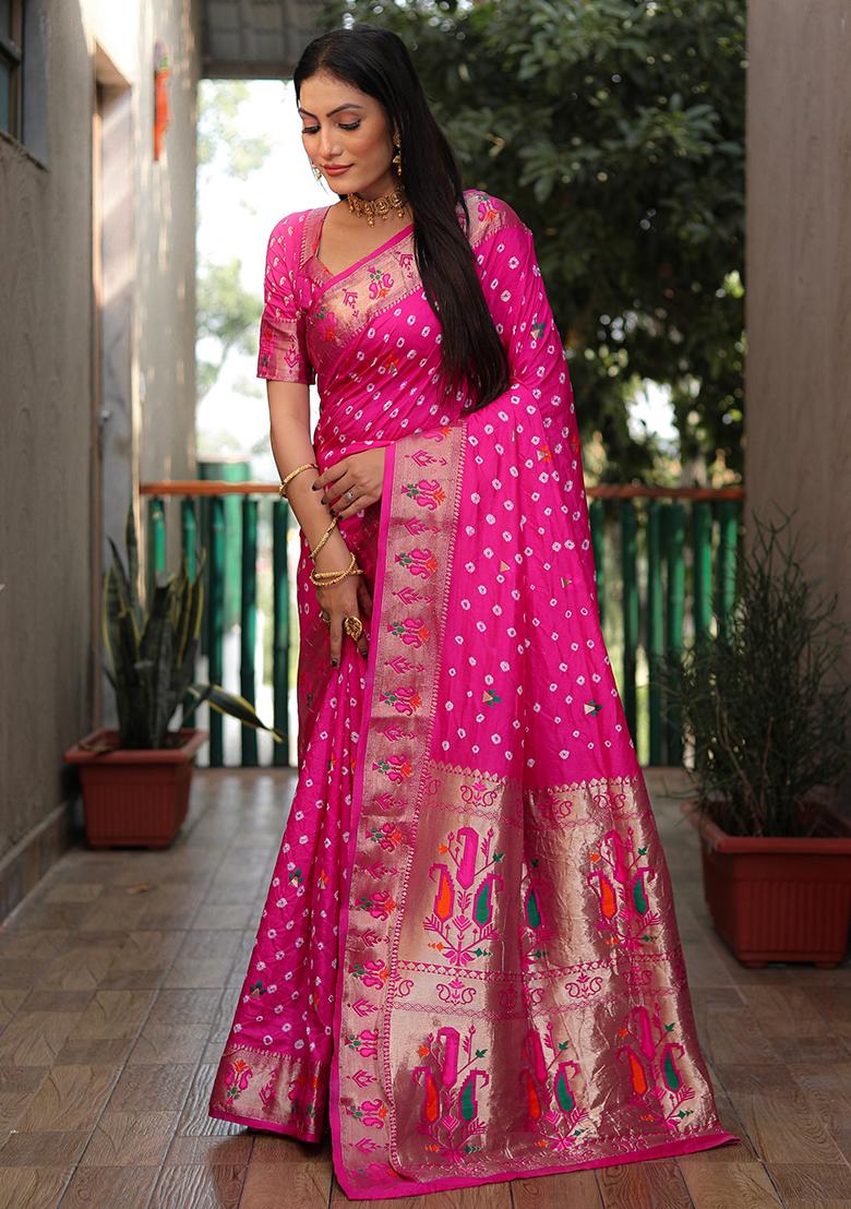 Pink Woven Silk Saree Set