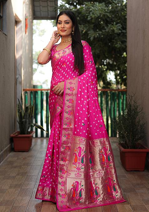 Pink Woven Silk Saree Set