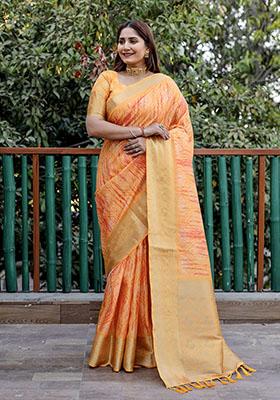 Orange Woven Silk Saree Set