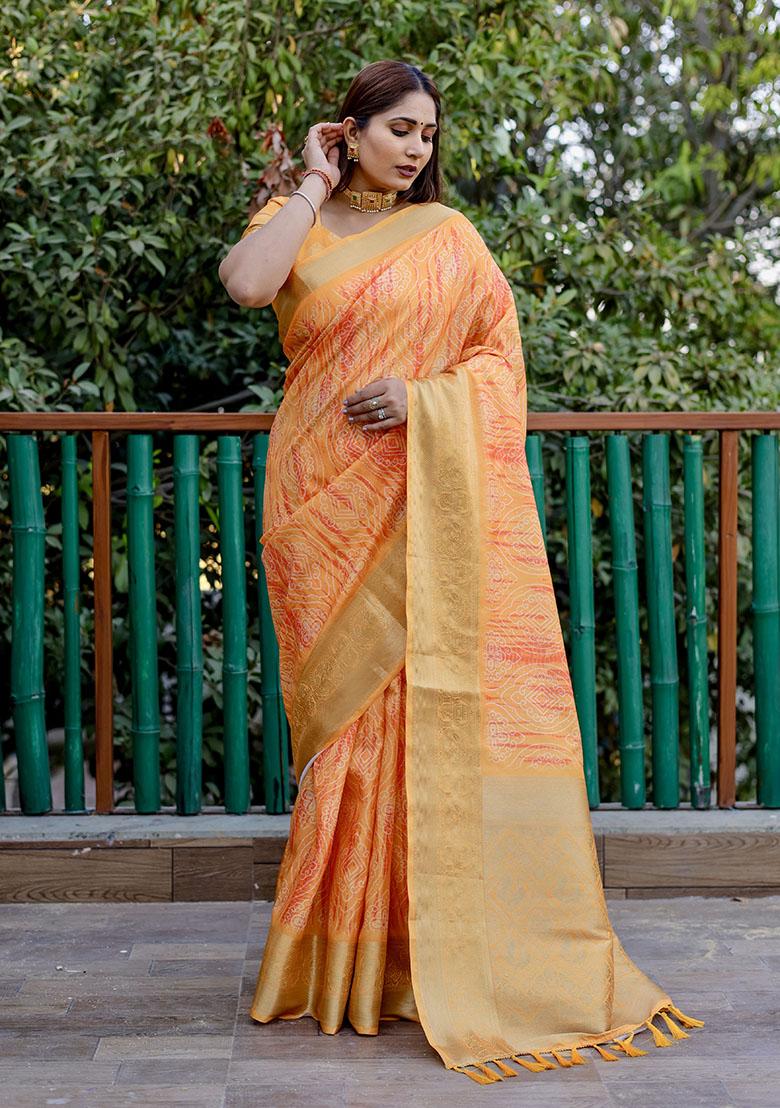 Orange Woven Silk Saree Set
