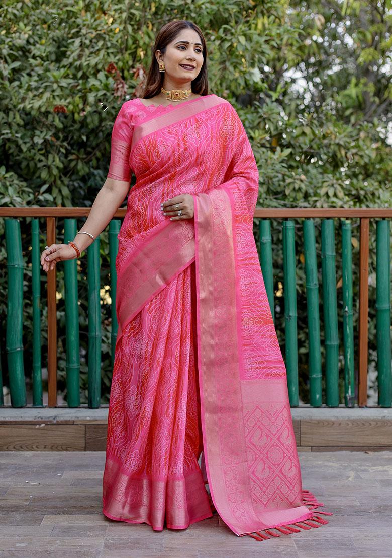 Pink Woven Silk Saree Set