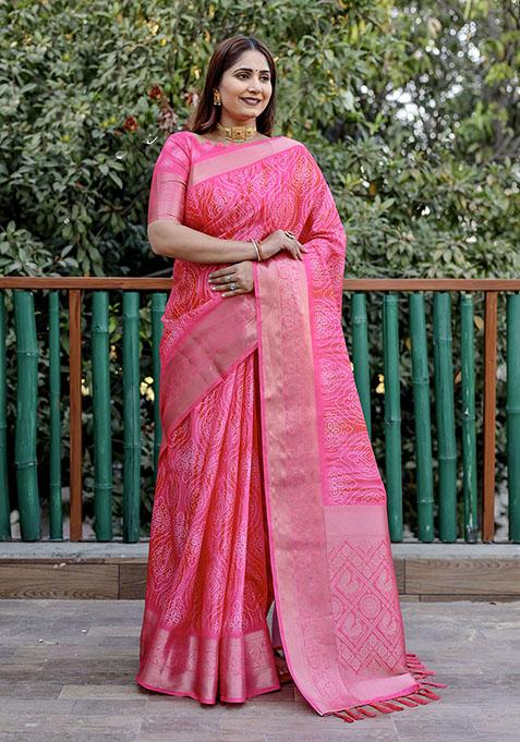 Pink Woven Silk Saree Set