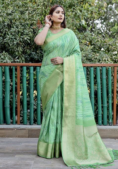 Green Woven Silk Saree Set