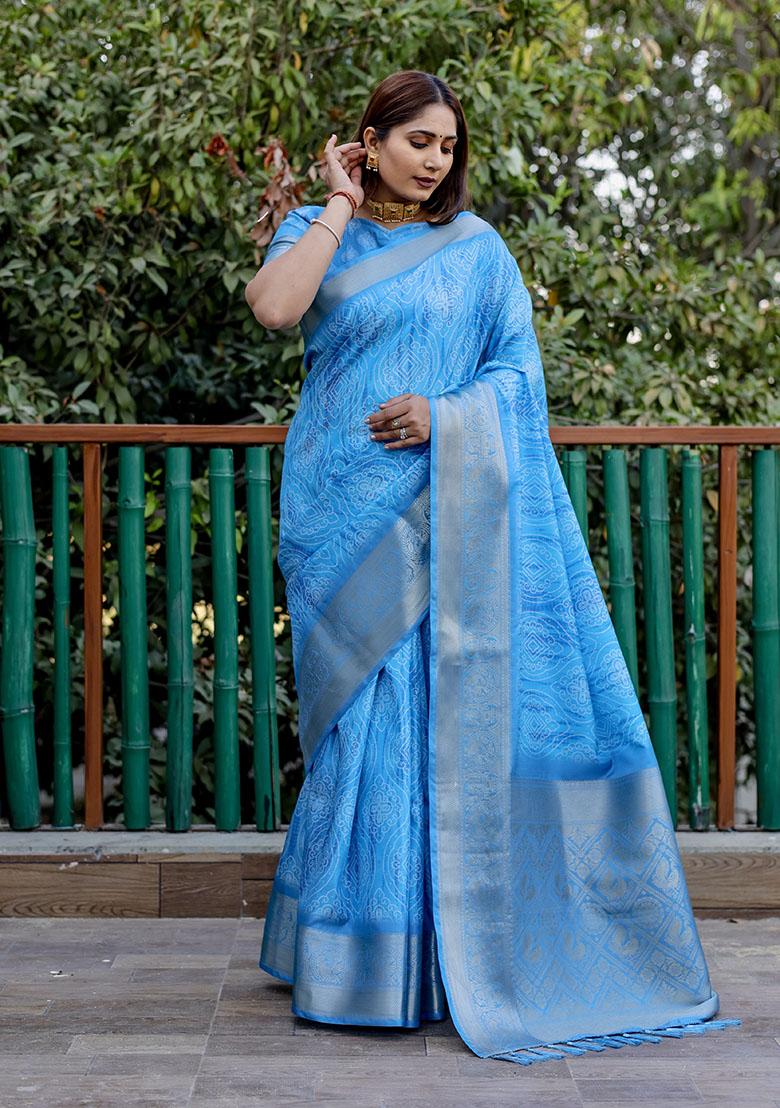 Blue Woven Silk Saree Set
