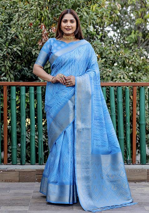Blue Woven Silk Saree Set