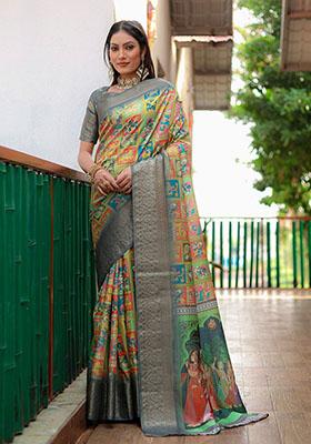 Grey Woven Silk Saree Set