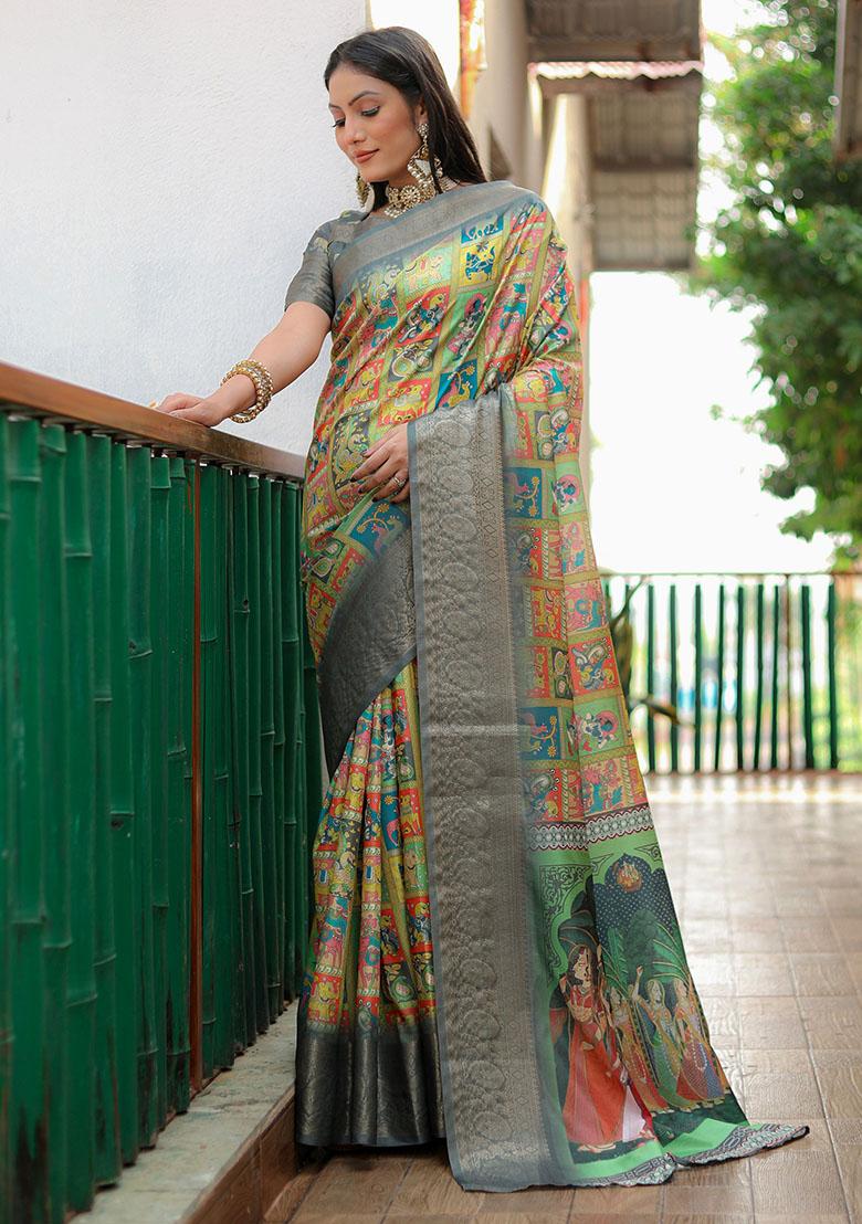 Grey Woven Silk Saree Set