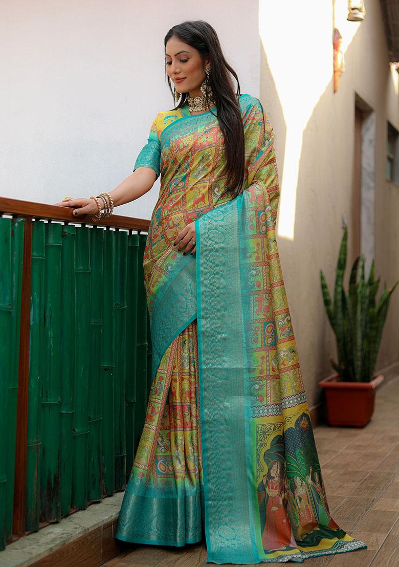 Blue Woven Silk Saree Set