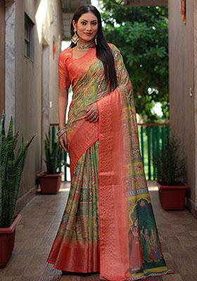 Orange Woven Silk Saree Set