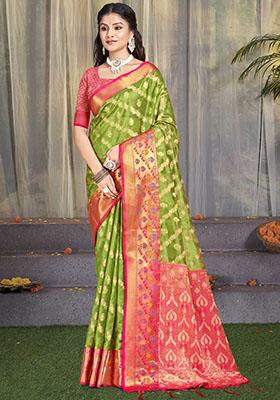 Green Woven Jacquard Saree Set