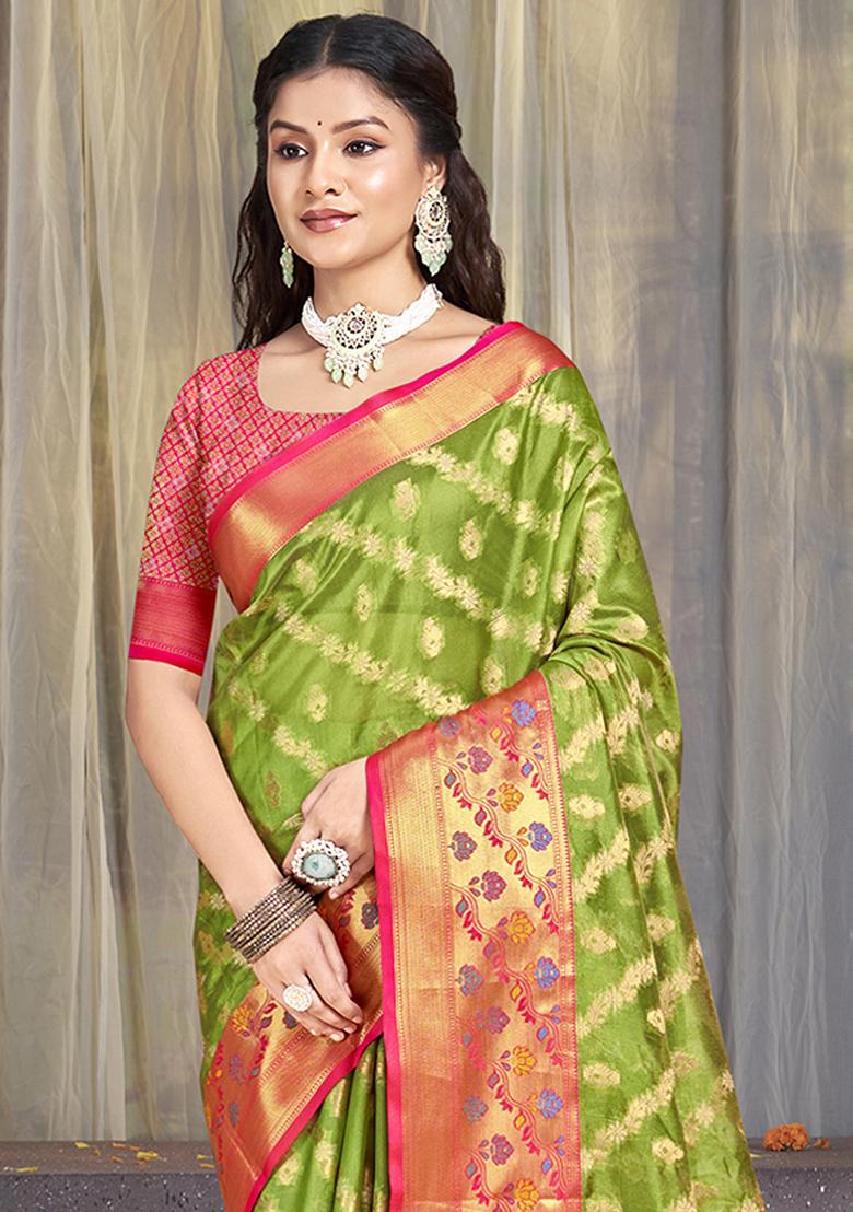 Green Woven Jacquard Saree Set