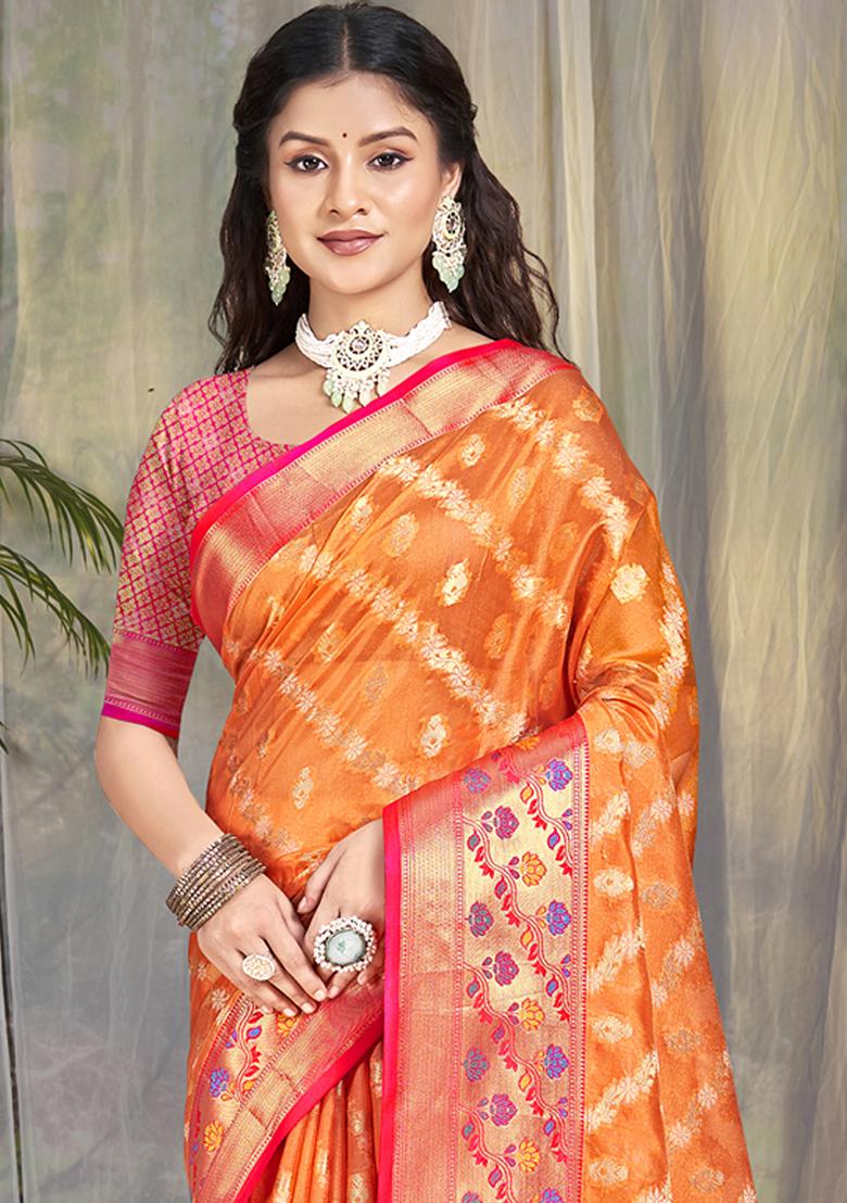 Orange Woven Jacquard Saree Set